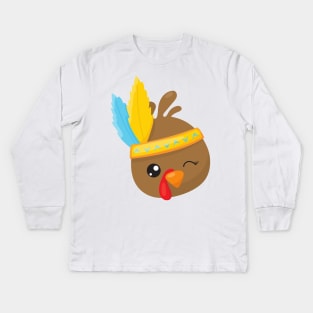 Thanksgiving Turkey, Brown Turkey, Feathers Kids Long Sleeve T-Shirt